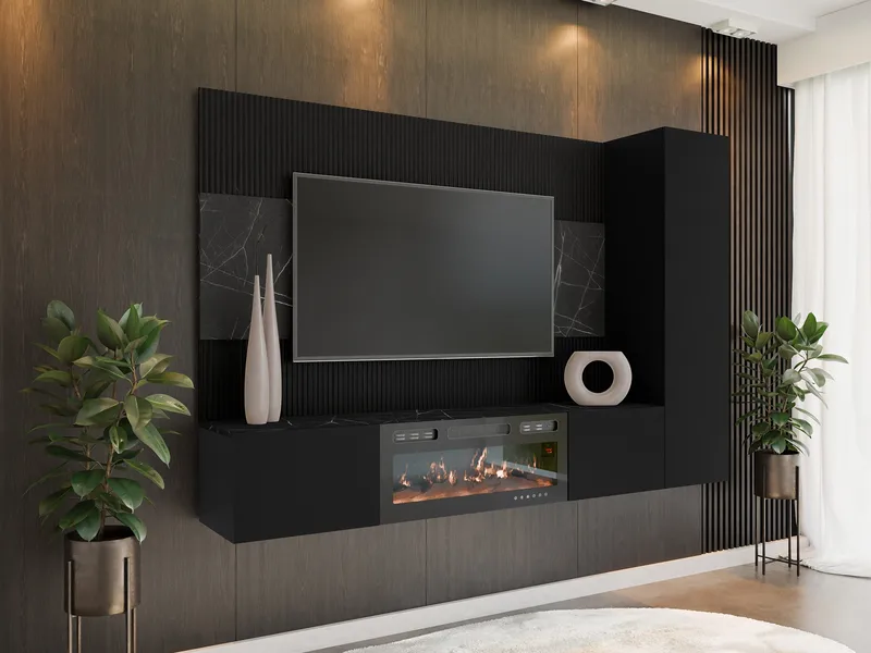 Bernice Tv-väggskåp 220 cm Elkamin med Värmefunktion och LED-belysning - svart - Möbler - Vardagsrum - Tv-möbler & mediamöbler - Tv-skåp