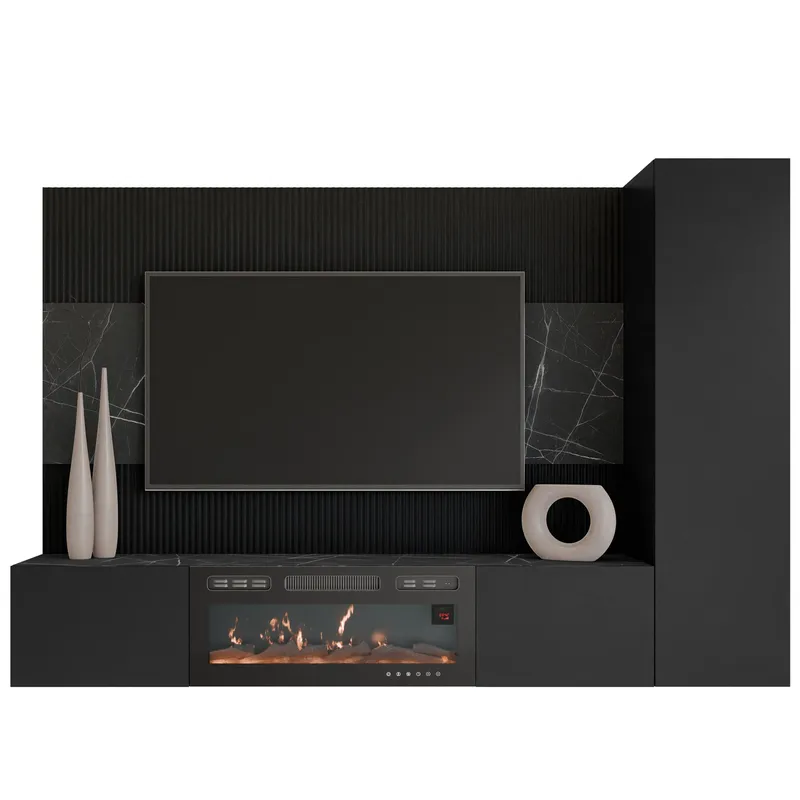 Bernice Tv-väggskåp 220 cm Elkamin med Värmefunktion och LED-belysning, svart