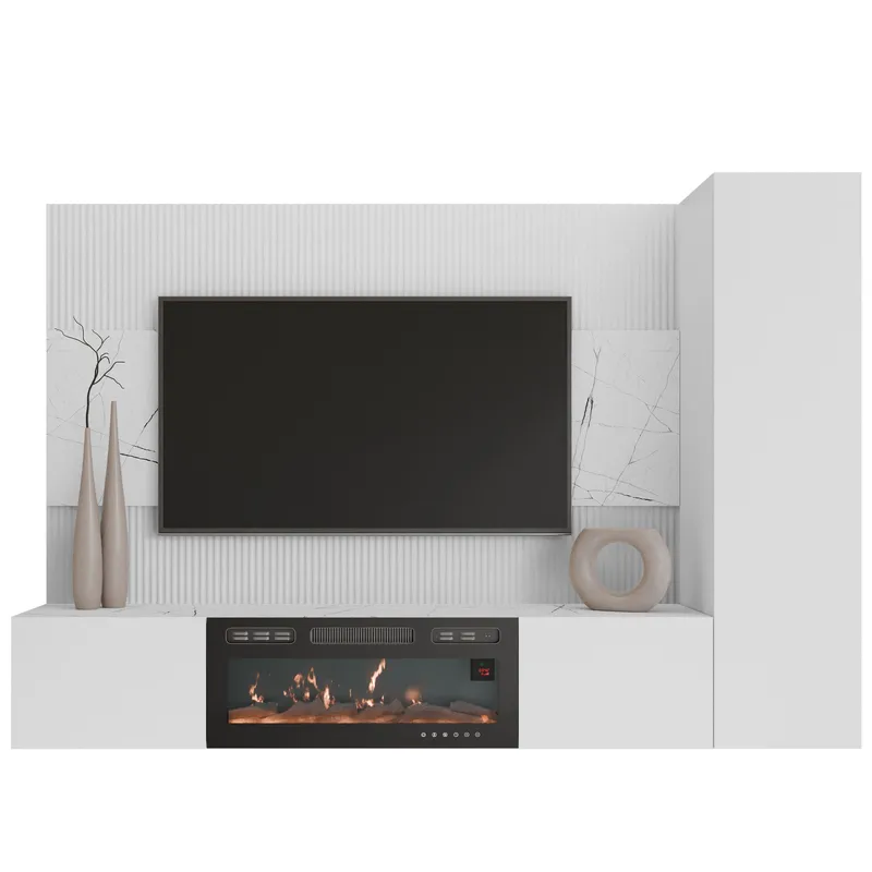 Bernice Tv-väggskåp 220 cm Elkamin med Värmefunktion och LED-belysning, vit