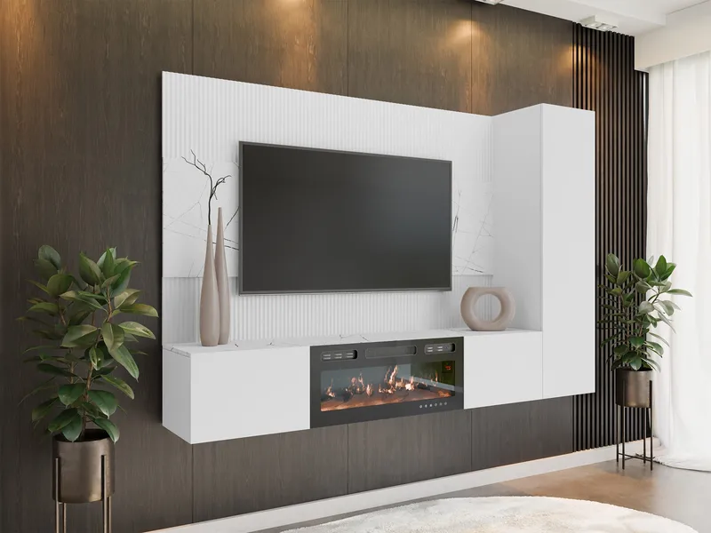 Bernice Tv-väggskåp 220 cm Elkamin med Värmefunktion och LED-belysning - vit - Möbler - Vardagsrum - Tv-möbler & mediamöbler - Tv-skåp