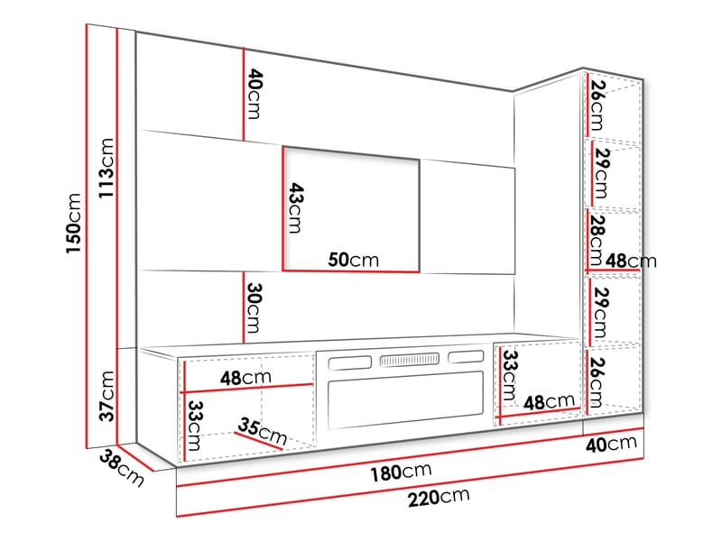 Bernice Tv-väggskåp 220 cm Elkamin med Värmefunktion och LED-belysning - vit - Möbler - Vardagsrum - Tv-möbler & mediamöbler - Tv-skåp