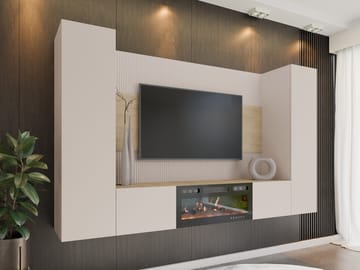 Bernice Tv-väggskåp 260 cm Elkamin med Värmefunktion och LED-belysning - beige, brun - Möbler - Vardagsrum - Tv-möbler & mediamöbler - Tv-möbelset