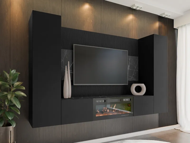Bernice Tv-väggskåp 260 cm Elkamin med Värmefunktion och LED-belysning - svart - Möbler - Vardagsrum - Tv-möbler & mediamöbler - Tv-skåp