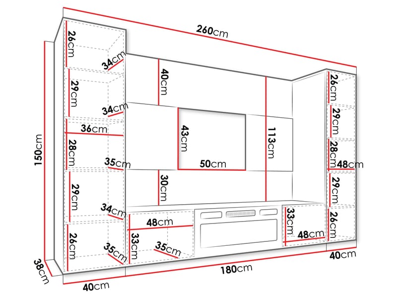 Bernice Tv-väggskåp 260 cm Elkamin med Värmefunktion och LED-belysning - svart - Möbler - Vardagsrum - Tv-möbler & mediamöbler - Tv-skåp