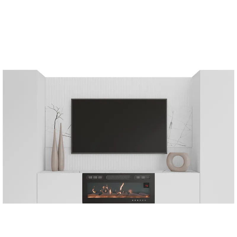 Bernice Tv-väggskåp 260 cm Elkamin med Värmefunktion och LED-belysning, vit