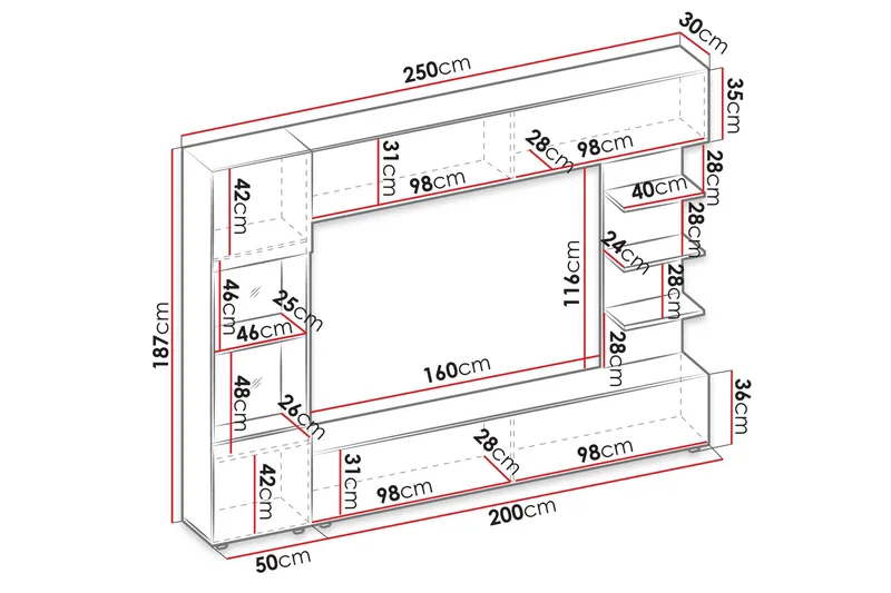Bunda Tv-möbelset 250x30 cm - Grå/Vit - Möbler - Vardagsrum - Tv-möbler & mediamöbler - Tv-möbelset