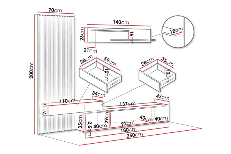 Bunkar Tv-möbelset 250x43 cm - Brun/Svart - Möbler - Vardagsrum - Tv-möbler & mediamöbler - Tv-möbelset