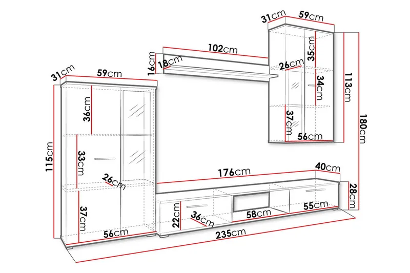 Bunta Tv-möbelset 235x40 cm - Vit - Möbler - Vardagsrum - Tv-möbler & mediamöbler - Tv-möbelset