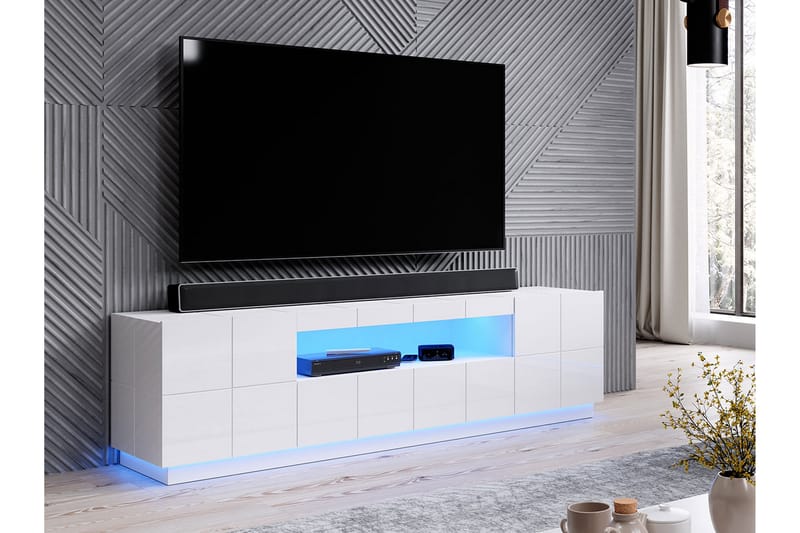 CONDAC TV-bänk 184 cm + LED Vit Högglans/Blå LED - Tv-bänkar