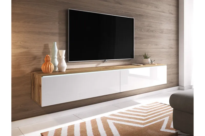 Cuguen TV-bänk 180 cm LED-belysning - Trä/Natur|Vit|Vit LED - Möbler - Vardagsrum - Tv-möbler & mediamöbler - Tv-bänkar