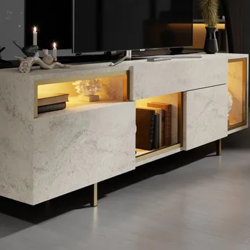 Denvar TV-bänk 180x55x32 cm - travertin och guld - Möbler - Vardagsrum - Tv-möbler & mediamöbler - Tv-bänkar