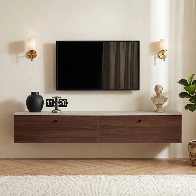 Dovren TV-bänk 140x25x25 cm - Travertin och valnöt - Möbler - Vardagsrum - Tv-möbler & mediamöbler - Tv-hylla