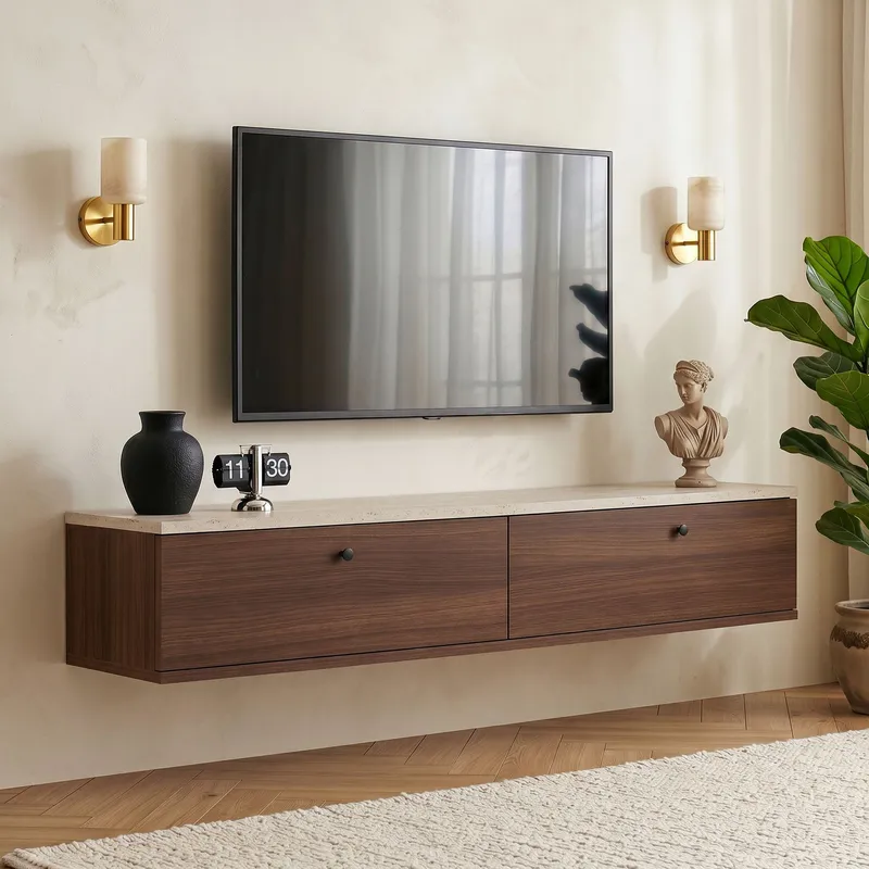 Dovren TV-bänk 140x25x25 cm, Travertin och valnöt