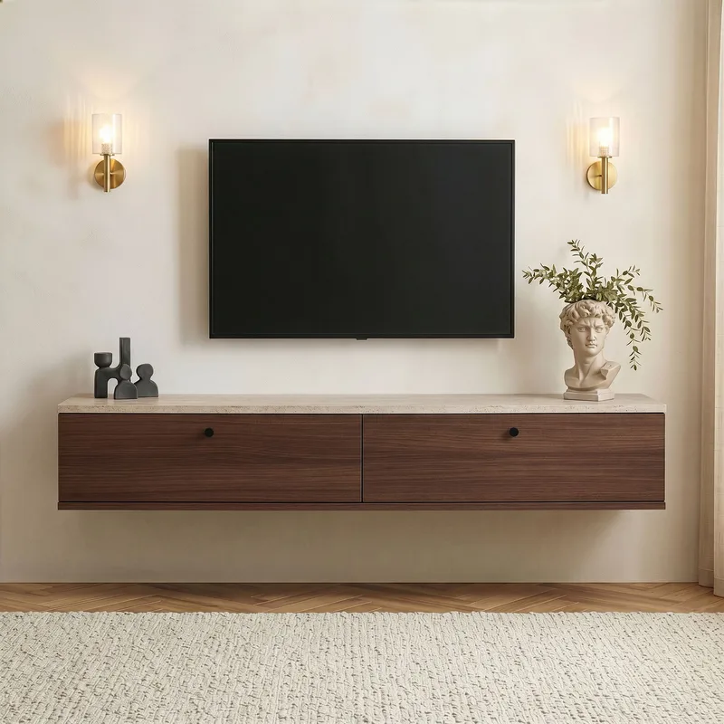Dovren TV-bänk 160x25x25 cm - Travertin och valnöt - Möbler - Vardagsrum - Tv-möbler & mediamöbler - Tv-hylla