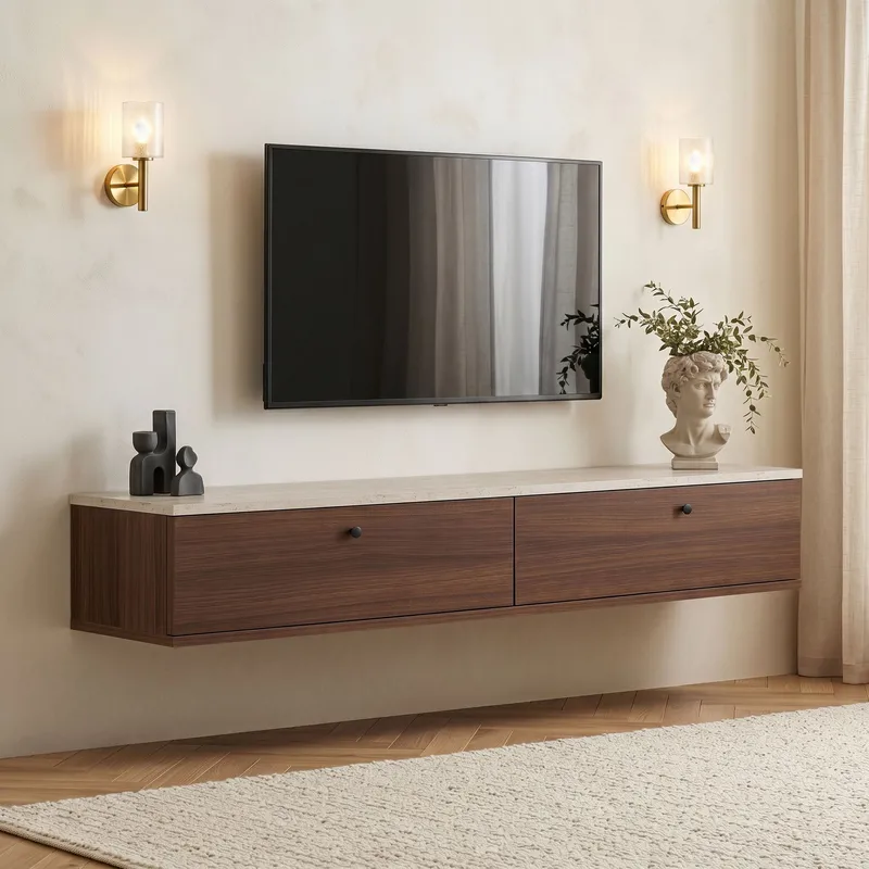 Dovren TV-bänk 160x25x25 cm - Travertin och valnöt - Möbler - Vardagsrum - Tv-möbler & mediamöbler - Tv-hylla