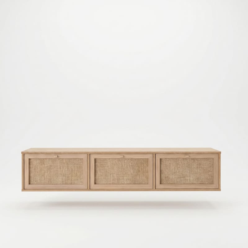 Dune Vägghängd TV Bänk 180 cm med Förvaring i Trä med Rottingdetaljer, Beige