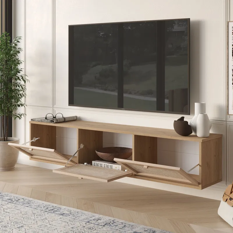 Dune Vägghängd TV Bänk 180 cm med Förvaring i Trä med Rottingdetaljer - Beige - Möbler - Vardagsrum - Tv-möbler & mediamöbler - Tv-bänkar