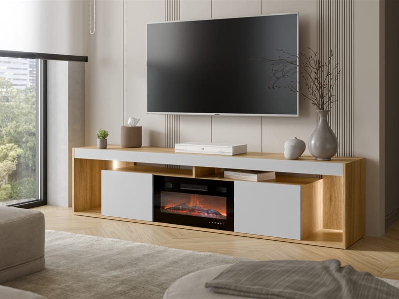 Fiorea Tv-bänk 200 cm med eldstad med värmefunktion - Brun och grå - Möbler - Vardagsrum - Tv-möbler & mediamöbler - Tv-bänkar