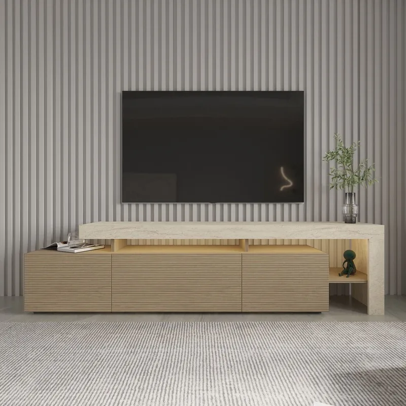 Jurukovo TV-bänk 192x53x37 cm - Travertin, varm ek - Möbler - Vardagsrum - Tv-möbler & mediamöbler - Tv-bänkar