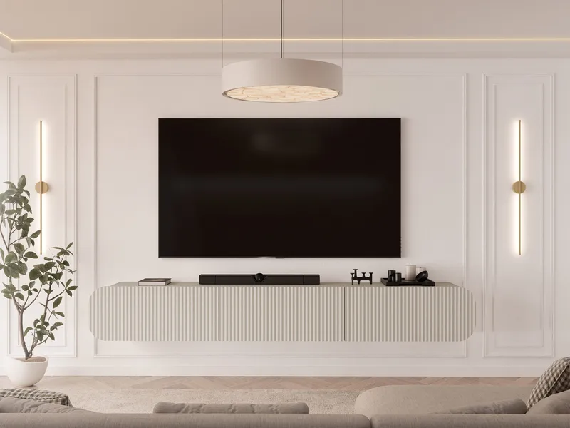 Lerva Väggmonterad TV Bänk 239 cm med Förvaring i Ljust Trä - Beige - Möbler - Vardagsrum - Tv-möbler & mediamöbler - Tv-bänkar