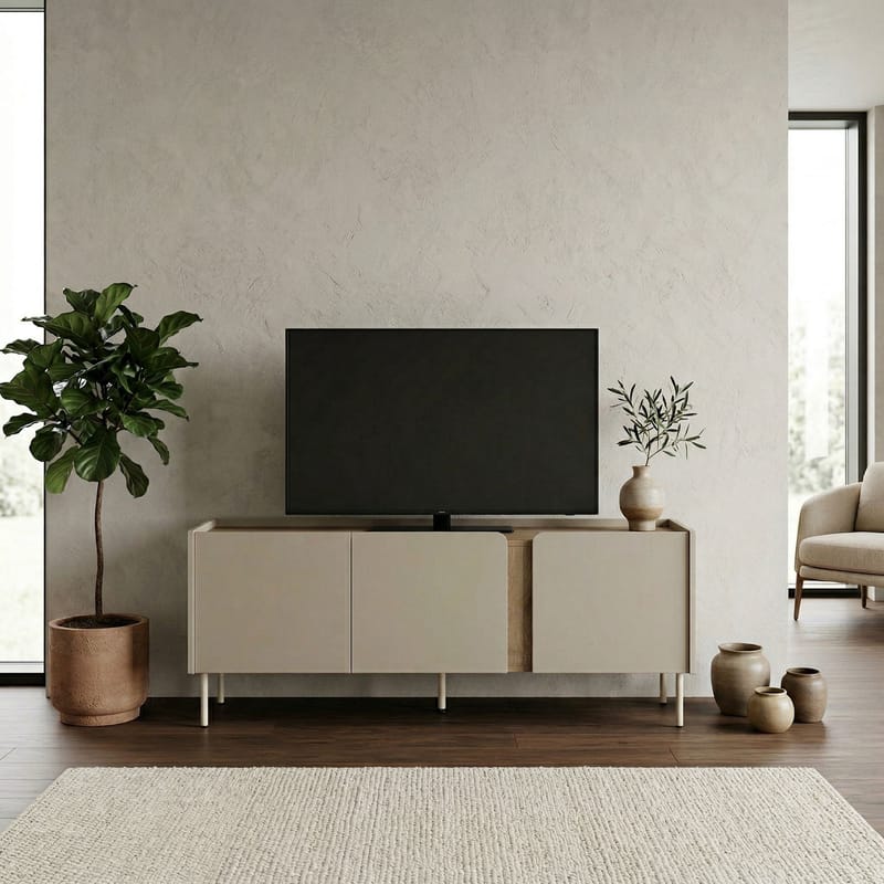 Lomar TV-bänk 140x53,9x35,5 cm - Santstone och naturlig ek - Möbler - Vardagsrum - Tv-möbler & mediamöbler - Tv-bänkar