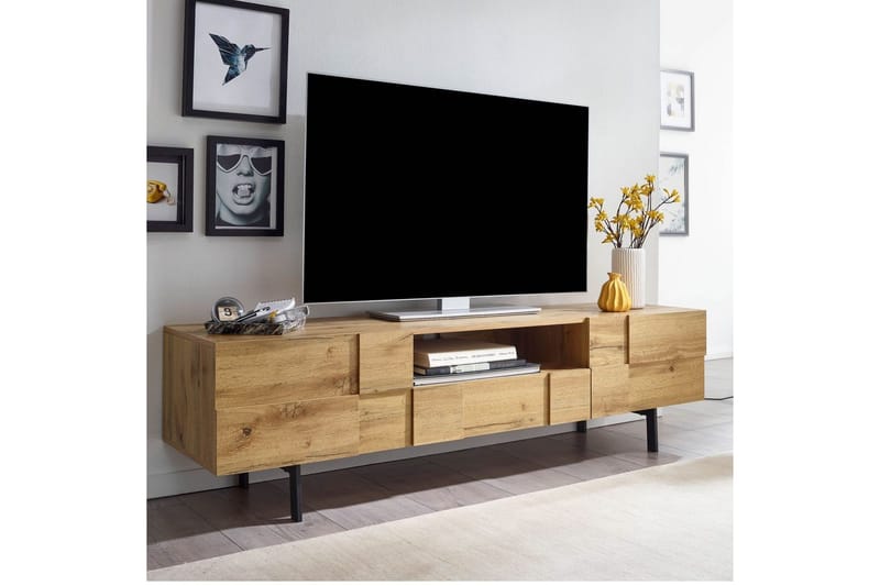 Lowboard Wohnling Ekfanerad med 2 dörrar Låda Metallben Lantlig stil - Möbler - Vardagsrum - Tv-möbler & mediamöbler - Tv-skåp