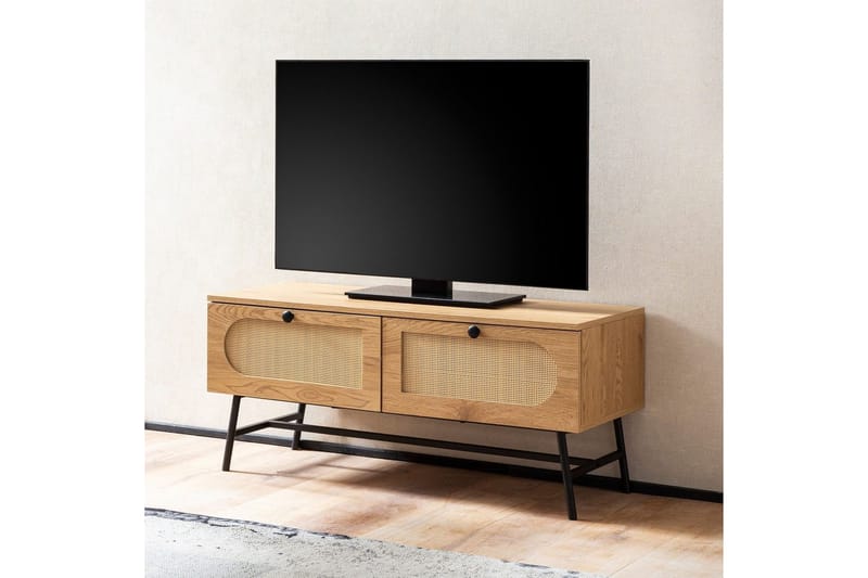 Lowboard Wohnling Melaminbelagd MDF-ekoptik, rottingfront, 2 lådor, metallben Modern - Möbler - Vardagsrum - Tv-möbler & mediamöbler - Tv-skåp