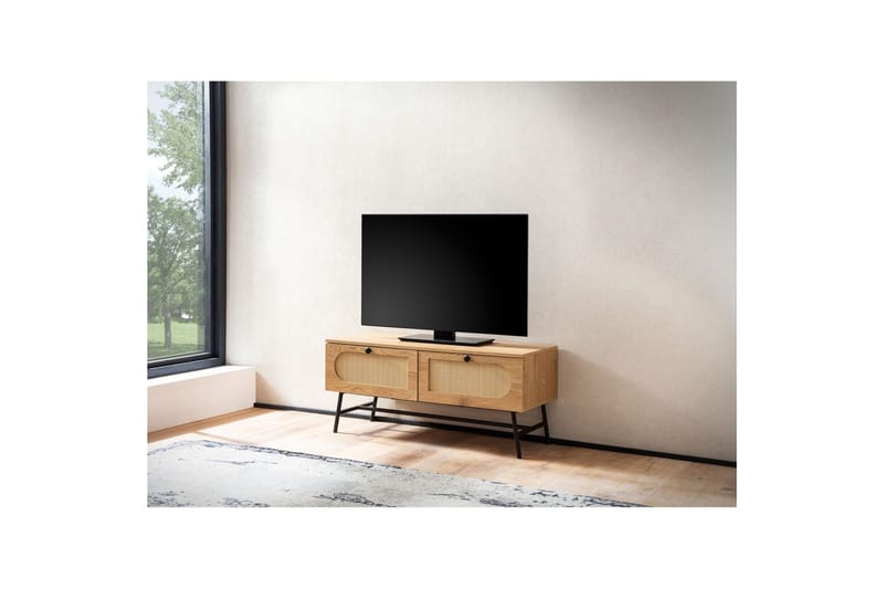 Lowboard Wohnling Melaminbelagd MDF-ekoptik, rottingfront, 2 lådor, metallben Modern - Möbler - Vardagsrum - Tv-möbler & mediamöbler - Tv-skåp