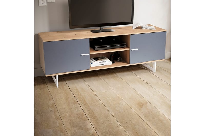 Lowboard Wohnling modernt spånskiva, 2 dörrar, förvaringsbrickor, metallben, modern stil Ek, Grå - Ek, Grå - Möbler - Vardagsrum - Tv-möbler & mediamöbler - Tv-skåp