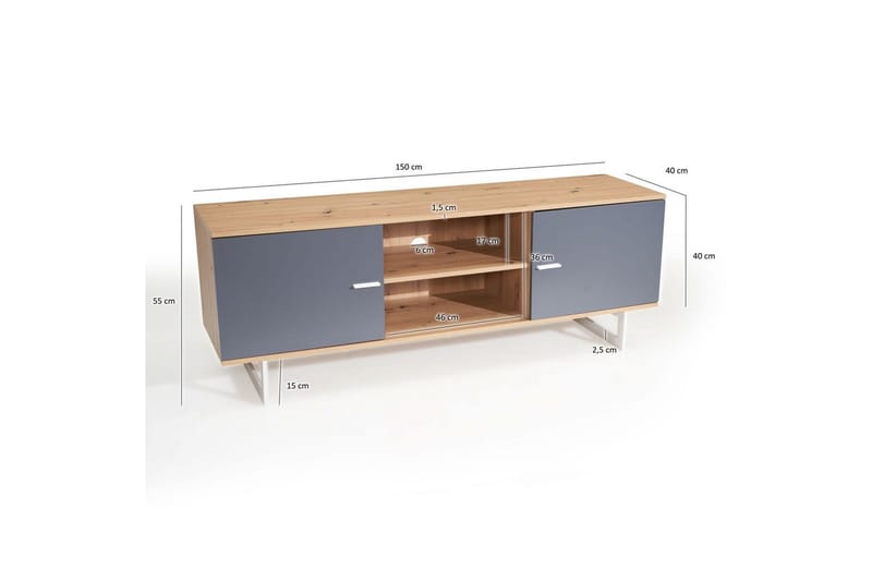 Lowboard Wohnling modernt spånskiva, 2 dörrar, förvaringsbrickor, metallben, modern stil Ek, Grå - Ek, Grå - Möbler - Vardagsrum - Tv-möbler & mediamöbler - Tv-skåp