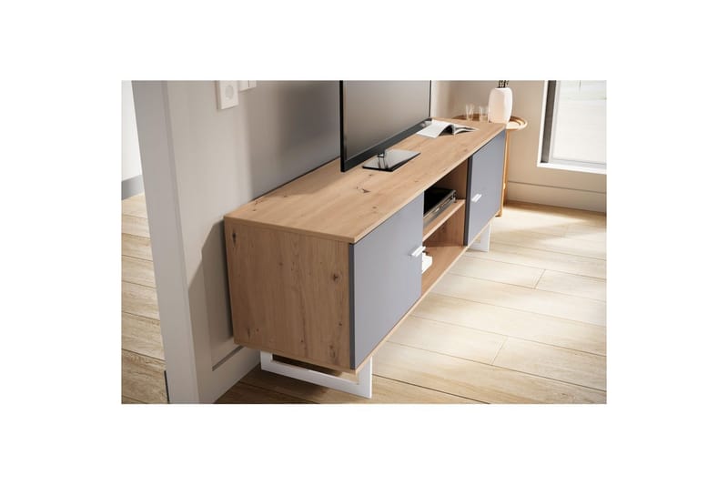 Lowboard Wohnling modernt spånskiva, 2 dörrar, förvaringsbrickor, metallben, modern stil Ek, Grå - Ek, Grå - Möbler - Vardagsrum - Tv-möbler & mediamöbler - Tv-skåp