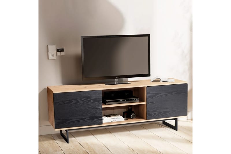 Lowboard Wohnling modernt spånskiva, 2 dörrar, förvaringsbrickor, metallben, modern stil Ek, Svart - Ek, Svart - Möbler - Vardagsrum - Tv-möbler & mediamöbler - Tv-skåp