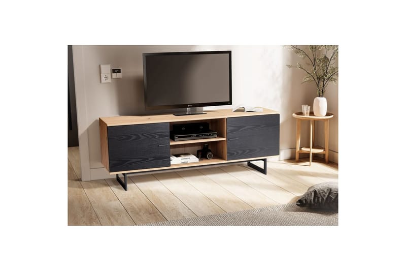 Lowboard Wohnling modernt spånskiva, 2 dörrar, förvaringsbrickor, metallben, modern stil Ek, Svart - Ek, Svart - Möbler - Vardagsrum - Tv-möbler & mediamöbler - Tv-skåp