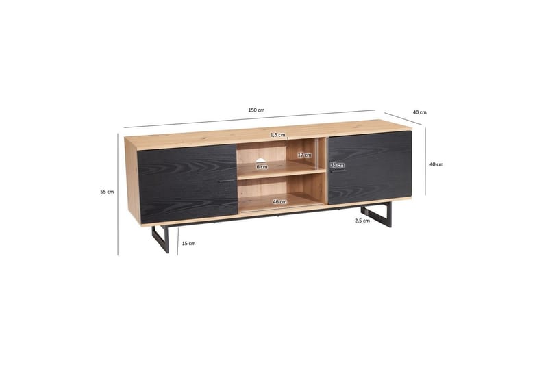 Lowboard Wohnling modernt spånskiva, 2 dörrar, förvaringsbrickor, metallben, modern stil Ek, Svart - Ek, Svart - Möbler - Vardagsrum - Tv-möbler & mediamöbler - Tv-skåp