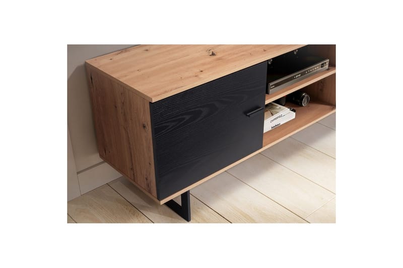 Lowboard Wohnling modernt spånskiva, 2 dörrar, förvaringsbrickor, metallben, modern stil Ek, Svart - Ek, Svart - Möbler - Vardagsrum - Tv-möbler & mediamöbler - Tv-skåp