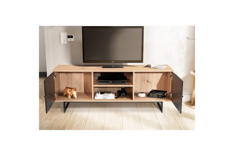 Lowboard Wohnling modernt spånskiva, 2 dörrar, förvaringsbrickor, metallben, modern stil Ek, Svart - Ek, Svart - Möbler - Vardagsrum - Tv-möbler & mediamöbler - Tv-skåp