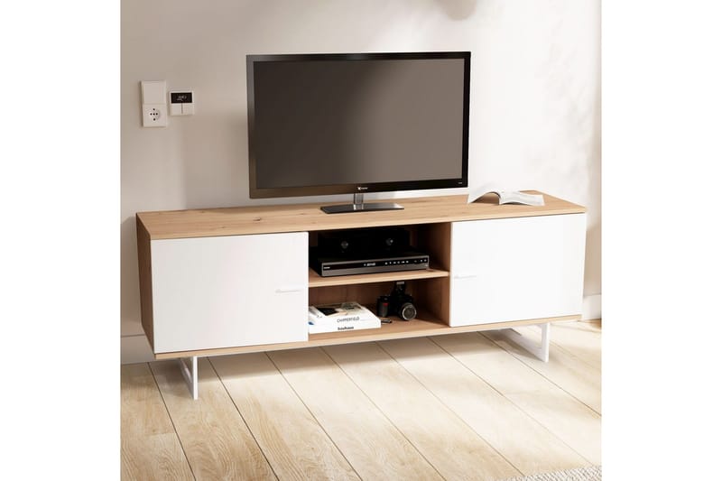 Lowboard Wohnling modernt spånskiva, 2 dörrar, förvaringsbrickor, metallben, modern stil Ek, Vit - Ek, Vit - Möbler - Vardagsrum - Tv-möbler & mediamöbler - Tv-skåp
