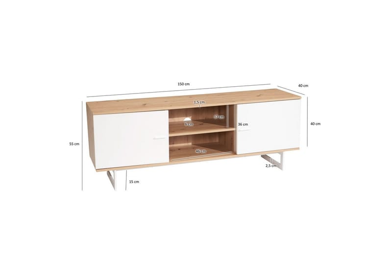 Lowboard Wohnling modernt spånskiva, 2 dörrar, förvaringsbrickor, metallben, modern stil Ek, Vit - Ek, Vit - Möbler - Vardagsrum - Tv-möbler & mediamöbler - Tv-skåp