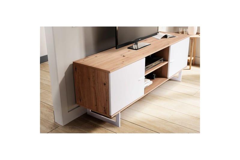 Lowboard Wohnling modernt spånskiva, 2 dörrar, förvaringsbrickor, metallben, modern stil Ek, Vit - Ek, Vit - Möbler - Vardagsrum - Tv-möbler & mediamöbler - Tv-skåp