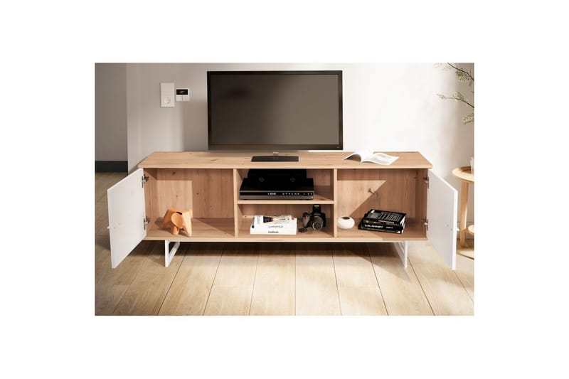 Lowboard Wohnling modernt spånskiva, 2 dörrar, förvaringsbrickor, metallben, modern stil Ek, Vit - Ek, Vit - Möbler - Vardagsrum - Tv-möbler & mediamöbler - Tv-skåp