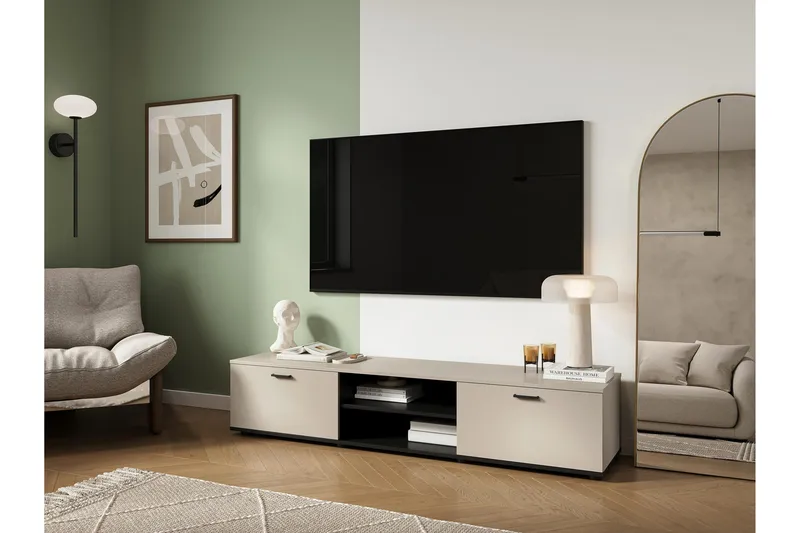 Lyrosen Golvstående TV Bänk 180 cm med Förvaring i Målat Trä - Beige - Möbler - Vardagsrum - Tv-möbler & mediamöbler - Tv-bänkar