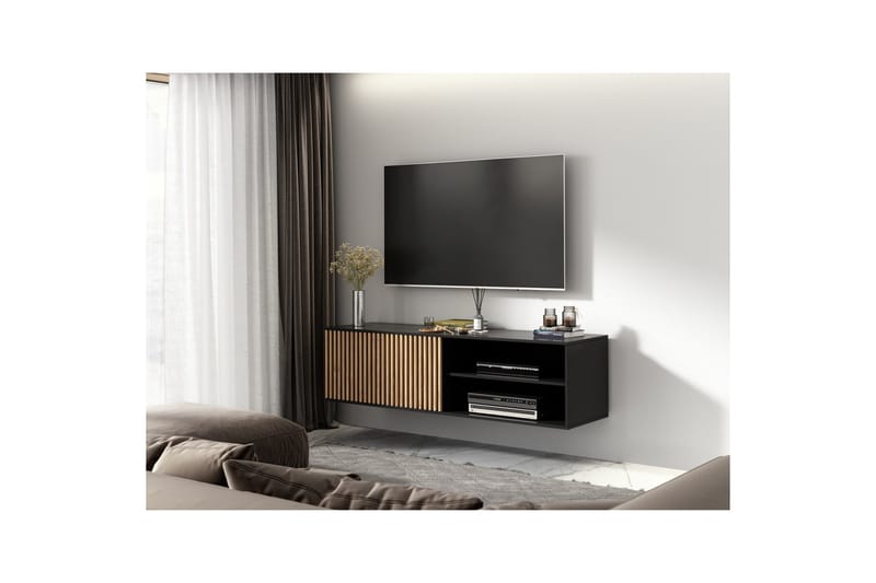 Meorati Vägghängd TV-bänk 150 cm med Förvaring i Ek - Svart - Möbler - Vardagsrum - Tv-möbler & mediamöbler - Tv-bänkar