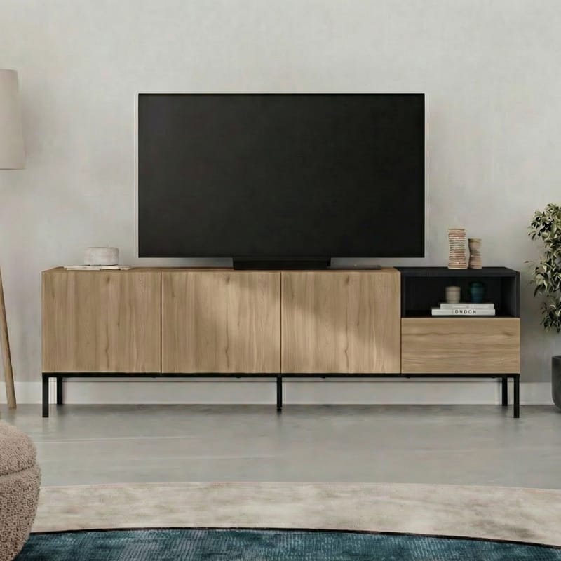 Morlen TV-bänk 180x55x41,8 cm - naturfärgad ek, svart, sandstone - Möbler - Vardagsrum - Tv-möbler & mediamöbler - Tv-bänkar