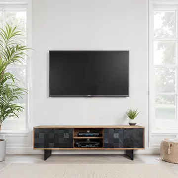 Olvian TV-bänk 150 cm i massivt akaciaträ med fronter i stenlook och metall - Möbler - Vardagsrum - Tv-möbler & mediamöbler - Tv-bänkar