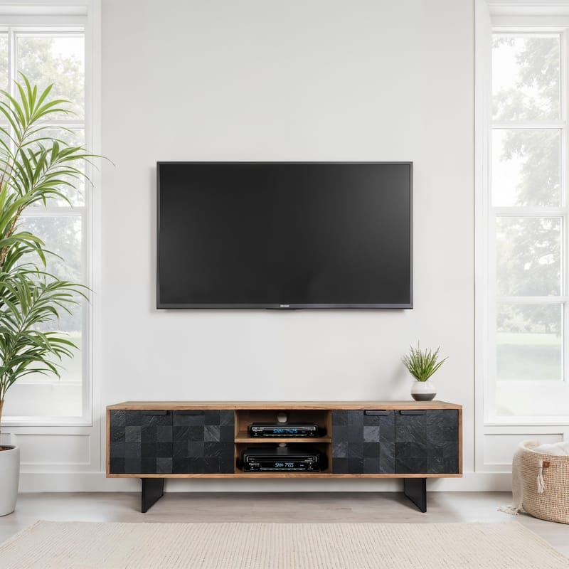 Olvian TV-bänk 150 cm i massivt akaciaträ med fronter i stenlook och metall - Möbler - Vardagsrum - Tv-möbler & mediamöbler - Tv-bänkar
