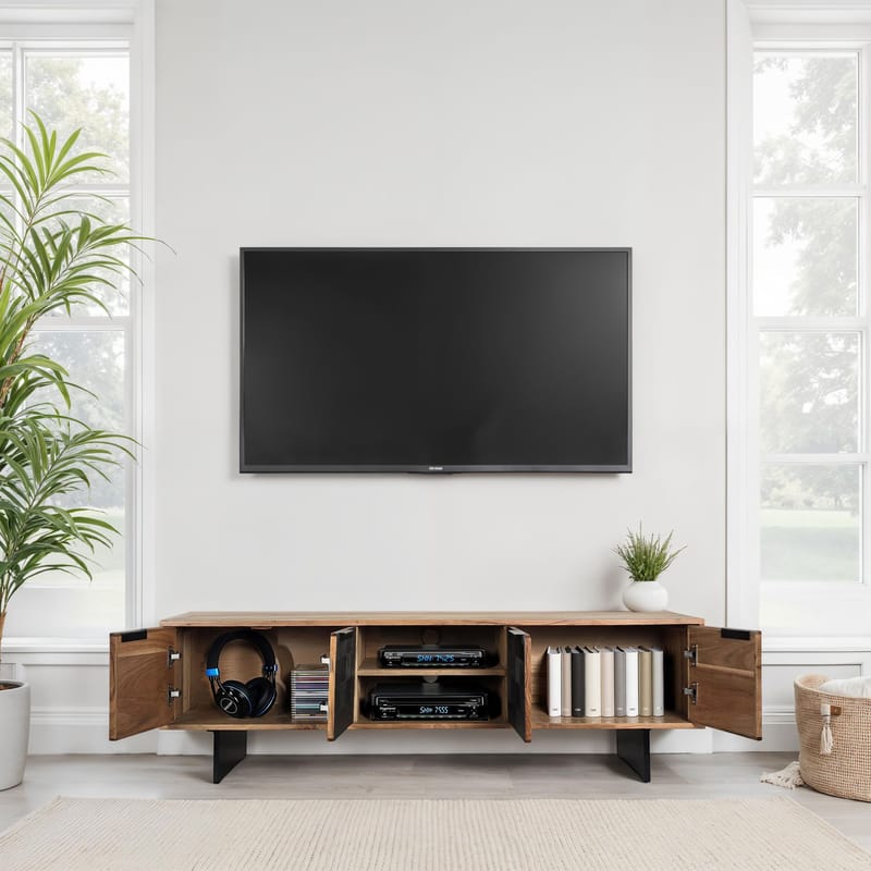 Olvian TV-bänk 150 cm i massivt akaciaträ med fronter i stenlook och metall - Möbler - Vardagsrum - Tv-möbler & mediamöbler - Tv-bänkar