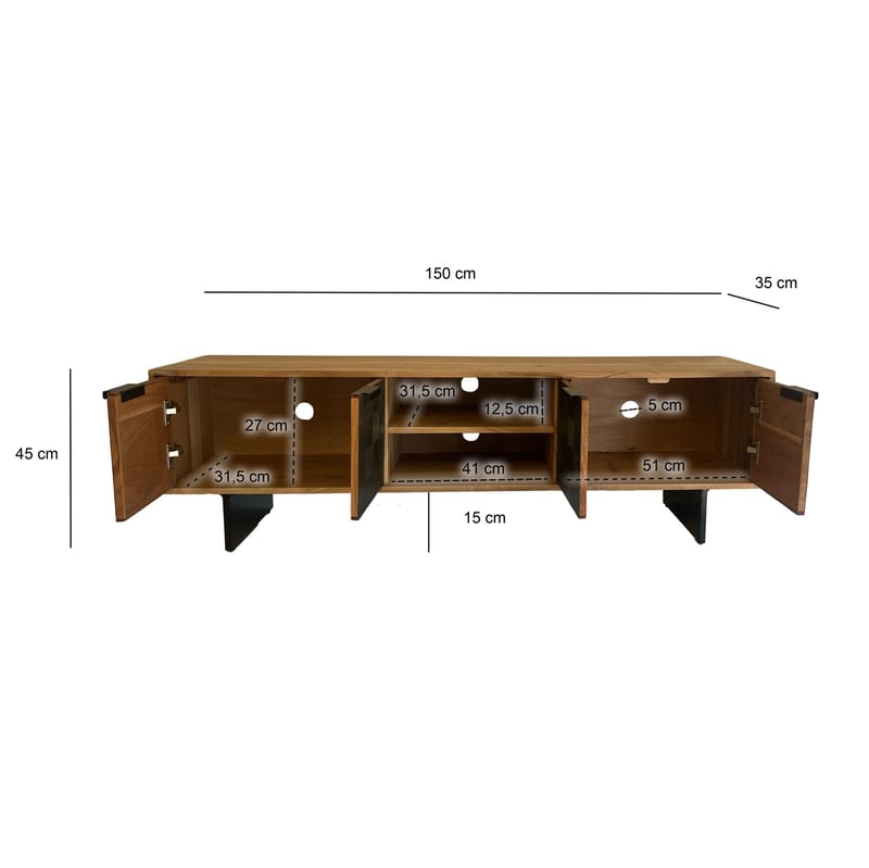 Olvian TV-bänk 150 cm i massivt akaciaträ med fronter i stenlook och metall - Möbler - Vardagsrum - Tv-möbler & mediamöbler - Tv-bänkar