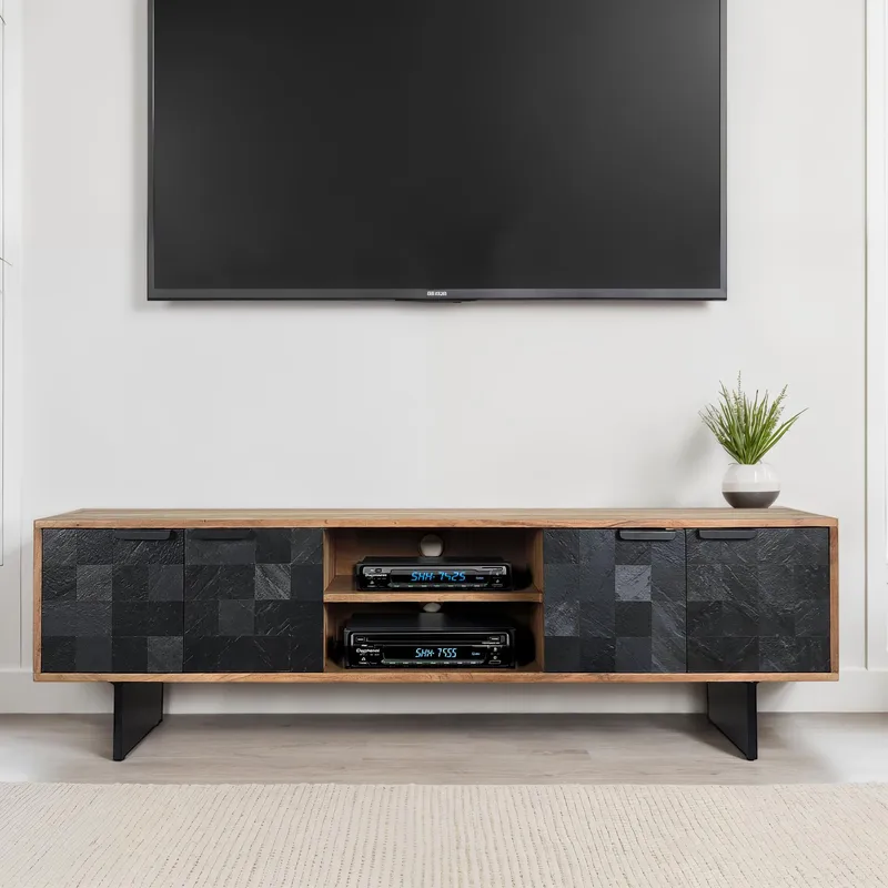 Olvian TV-bänk 150 cm i massivt akaciaträ med fronter i stenlook och metall - Möbler - Vardagsrum - Tv-möbler & mediamöbler - Tv-bänkar
