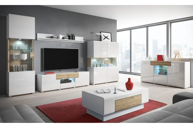 Saran TV-bänk 208 cm - Ek/Vit högglans - Möbler - Vardagsrum - Tv-möbler & mediamöbler - Tv-bänkar