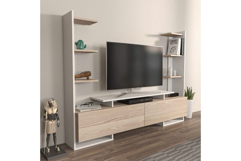 TV-bänk Akdere Vit / Ek - Mediumfärgat trä/Vit - Möbler - Vardagsrum - Tv-möbler & mediamöbler - Tv-bänkar